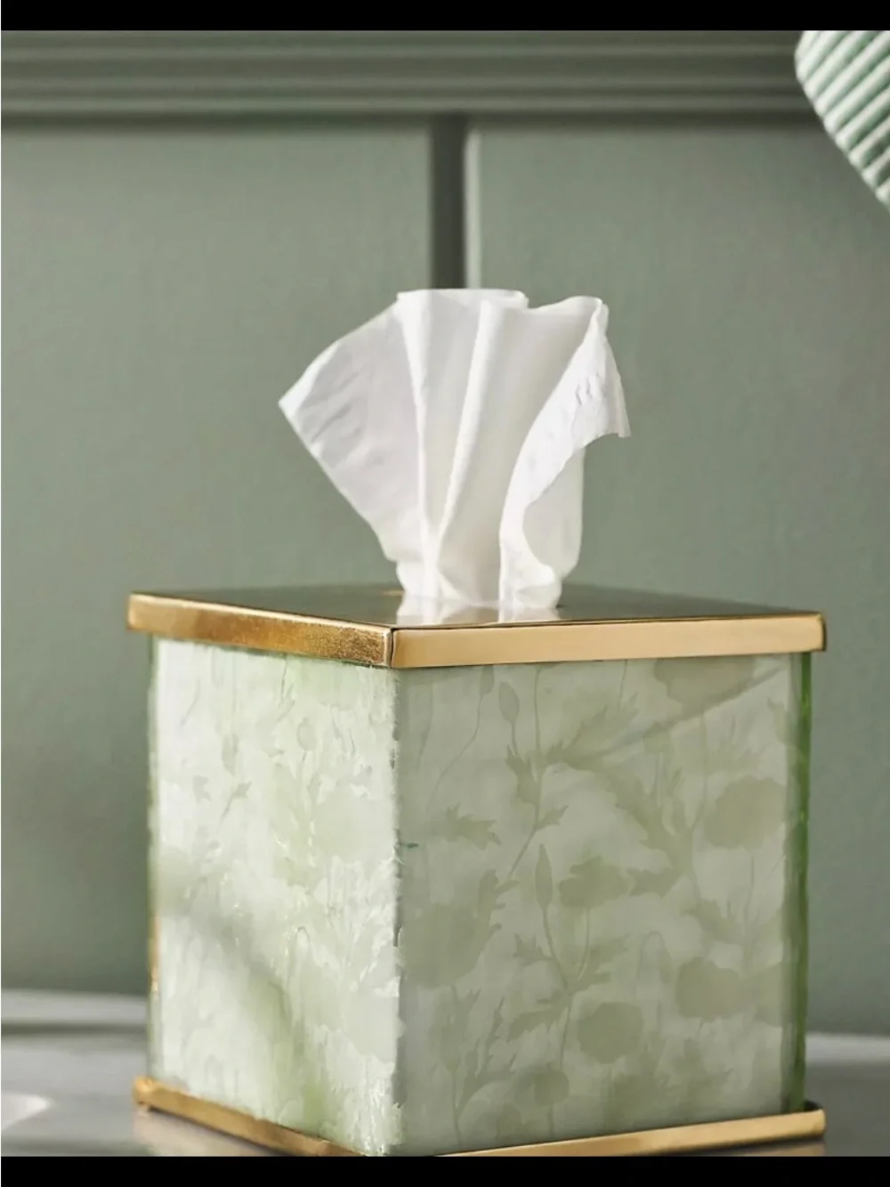 Anthropologie Floral Etched Glass 5 Piece Bath Accessories with Gold Trim. - Picture 3 of 6